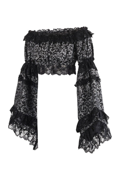 Silver/Black Brocade Smocked Flare Sleeve Peasant Top - Daisy Corsets