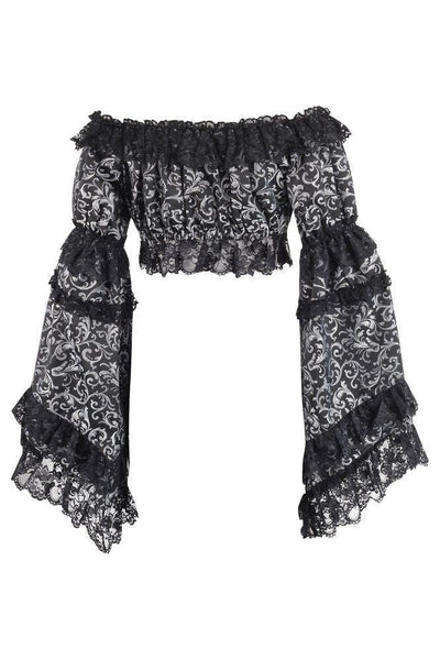 Silver/Black Brocade Smocked Flare Sleeve Peasant Top - Daisy Corsets