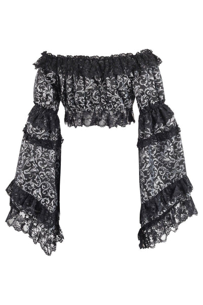 Silver/Black Brocade Smocked Flare Sleeve Peasant Top - Daisy Corsets