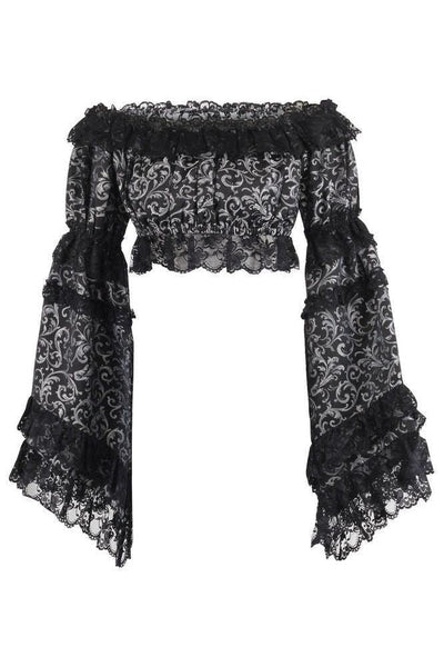 Silver/Black Brocade Smocked Flare Sleeve Peasant Top - Daisy Corsets