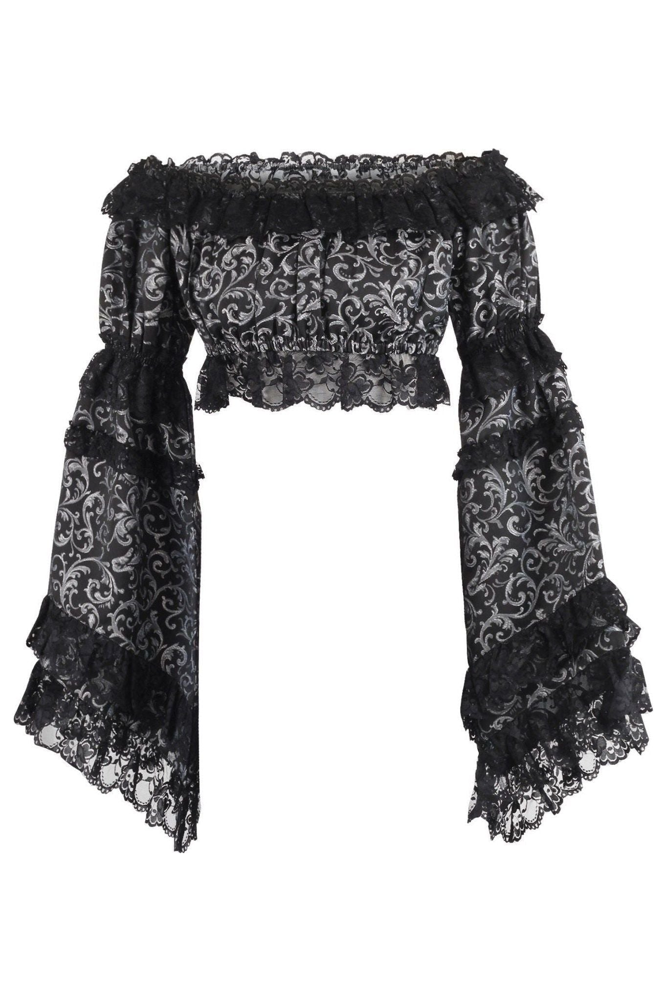 Silver/Black Brocade Smocked Flare Sleeve Peasant Top - Daisy Corsets