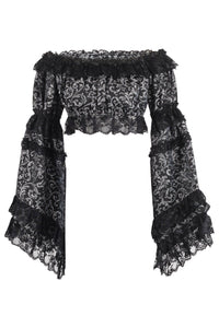 Silver/Black Brocade Smocked Flare Sleeve Peasant Top - Daisy Corsets