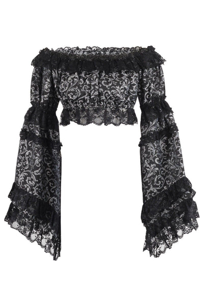 Silver/Black Brocade Smocked Flare Sleeve Peasant Top - Daisy Corsets
