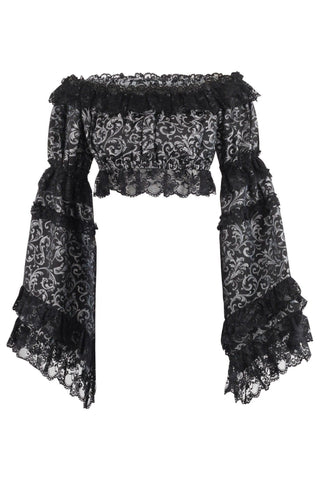 Silver/Black Brocade Smocked Flare Sleeve Peasant Top - Daisy Corsets