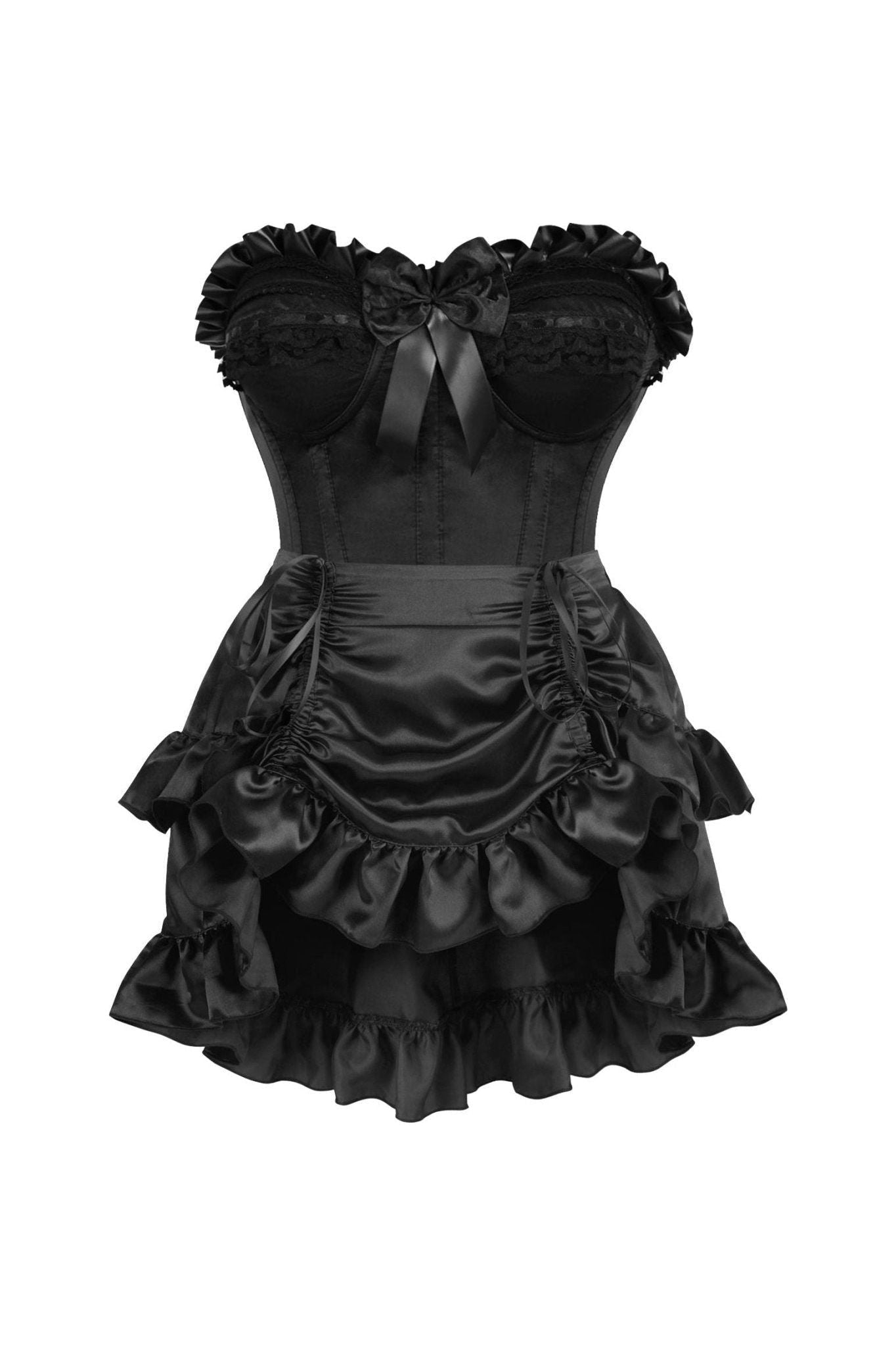 Top Drawer 2 PC Black Satin Steel Boned Burlesque Corset & Black Satin Skirt Set - Daisy Corsets
