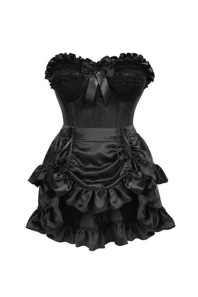 Top Drawer 2 PC Black Satin Steel Boned Burlesque Corset & Black Satin Skirt Set - Daisy Corsets