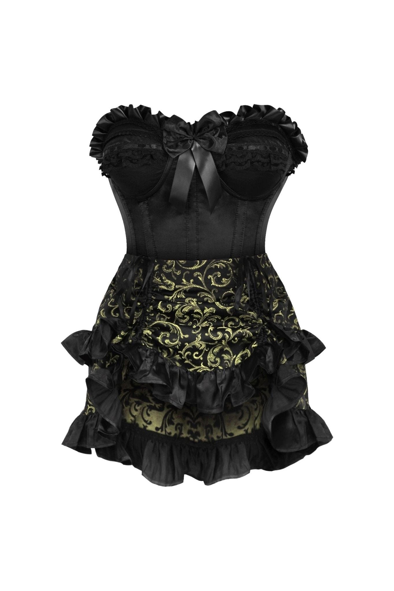 Top Drawer 2 PC Black Satin Steel Boned Burlesque Corset & Gold Brocade Skirt Set Large Top Drawer 2 PC Black Satin Steel Boned Burlesque Corset & Gold Brocade Skirt Set Large
