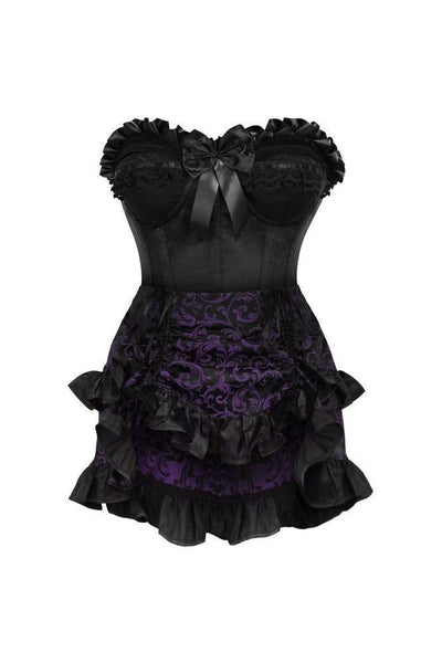 Top Drawer 2 PC Black Satin Steel Boned Burlesque Corset & Purple Brocade Skirt Set - Daisy Corsets
