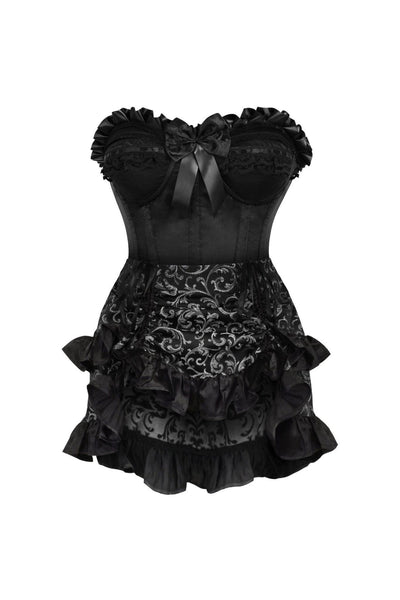 Top Drawer 2 PC Black Satin Steel Boned Burlesque Corset & Silver Brocade Skirt Set - Daisy Corsets
