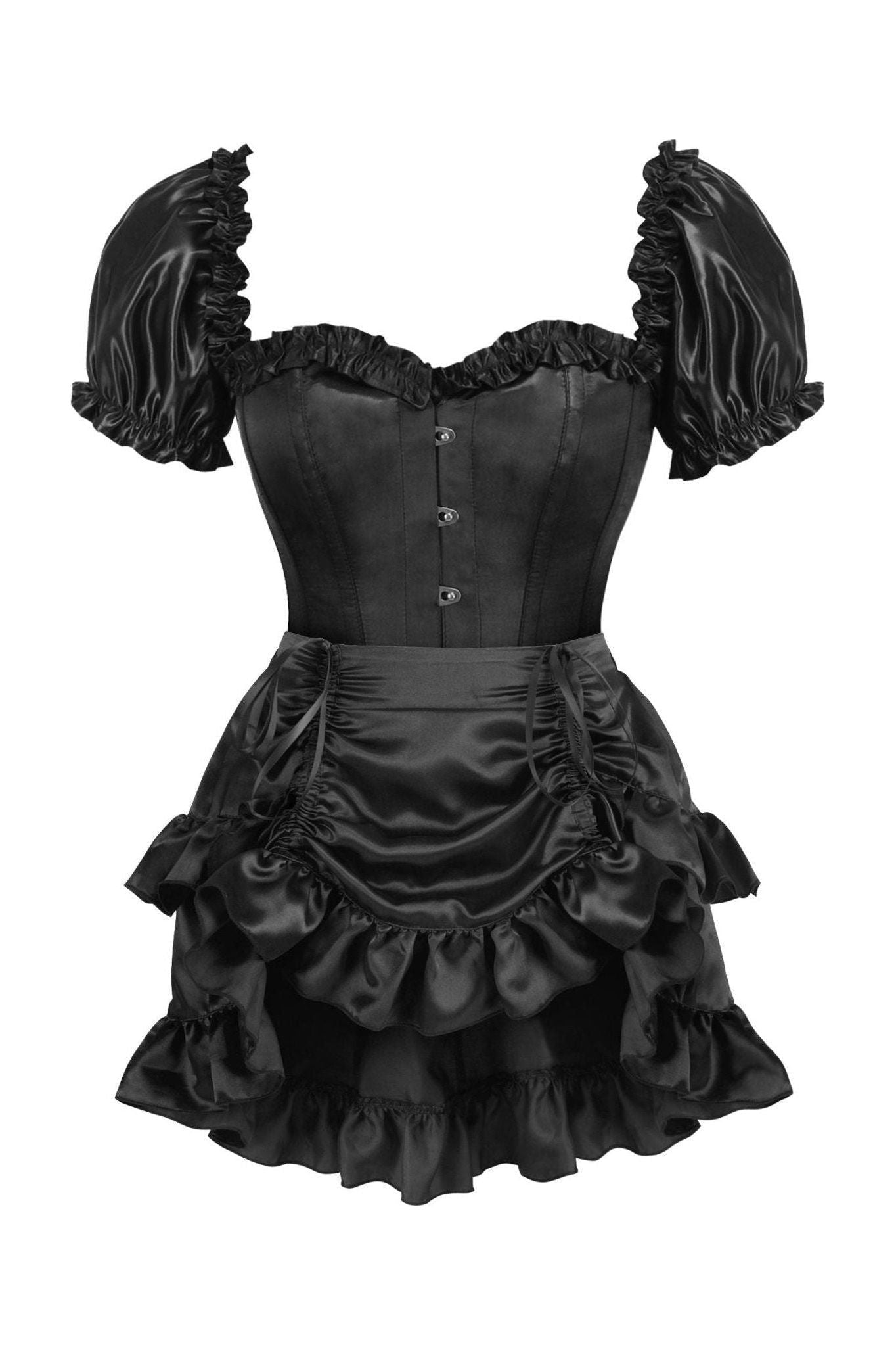 Top Drawer 2 PC Black Satin Steel Boned Overbust Corset w/Sleeves & Satin Skirt Set - Daisy Corsets