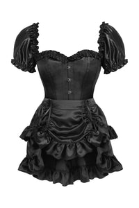 Top Drawer 2 PC Black Satin Steel Boned Overbust Corset w/Sleeves & Satin Skirt Set - Daisy Corsets