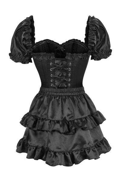 Top Drawer 2 PC Black Satin Steel Boned Overbust Corset w/Sleeves & Satin Skirt Set - Daisy Corsets