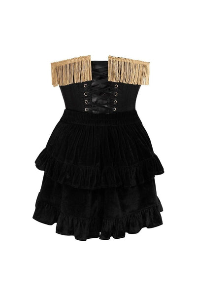 Top Drawer 2 PC Burlesque Black & Dark Red Steel Boned Corset w/Gold Fringe & Skirt Set - Daisy Corsets