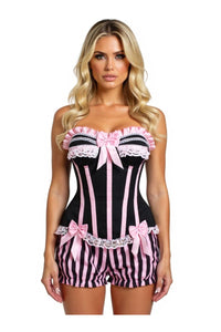 Top Drawer 2 PC Pink/Black Striped Burlesque Steel Boned Corset & Bloomer Set - Daisy Corsets