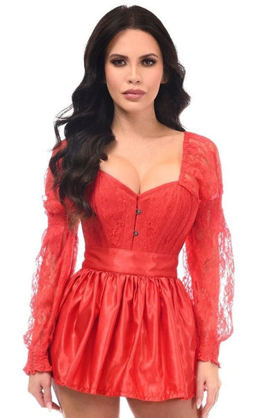 Top Drawer 2 PC Red Lace Steel Boned Corset & Satin Skirt Set - Daisy Corsets