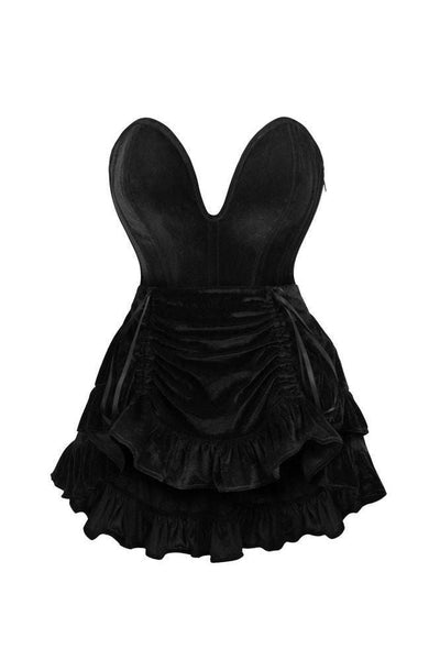 Top Drawer 2 PC Steel Boned Black Velvet Plunge Corset & Skirt Set - Daisy Corsets