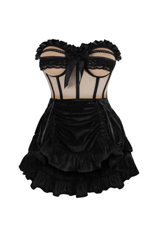 Top Drawer 2 PC Steel Boned Nude & Black Mesh Underwire Bustier Corset & Skirt Set - Daisy Corsets