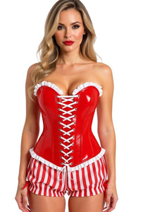 Top Drawer 2 PC Steel Boned Red Vinyl Patent Corset & Striped Bloomers Set - Daisy Corsets