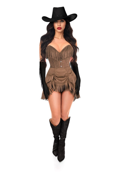 Top Drawer 4 PC Premium Tan Suede Fringe Cowgirl Corset Costume - Daisy Corsets