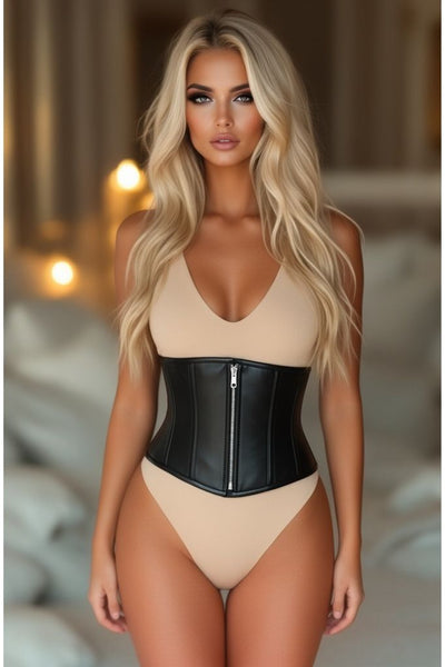Top Drawer Black Faux Leather Steel Boned Mini Cincher - Daisy Corsets