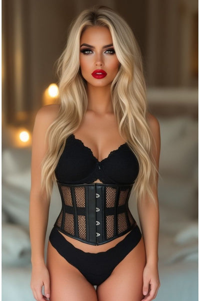 Top Drawer Black Fishnet & Faux Leather Steel Boned Mini Cincher - Daisy Corsets