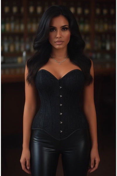 Top Drawer Black Satin w/Black Lace Overlay Steel Boned Overbust Corset - Daisy Corsets