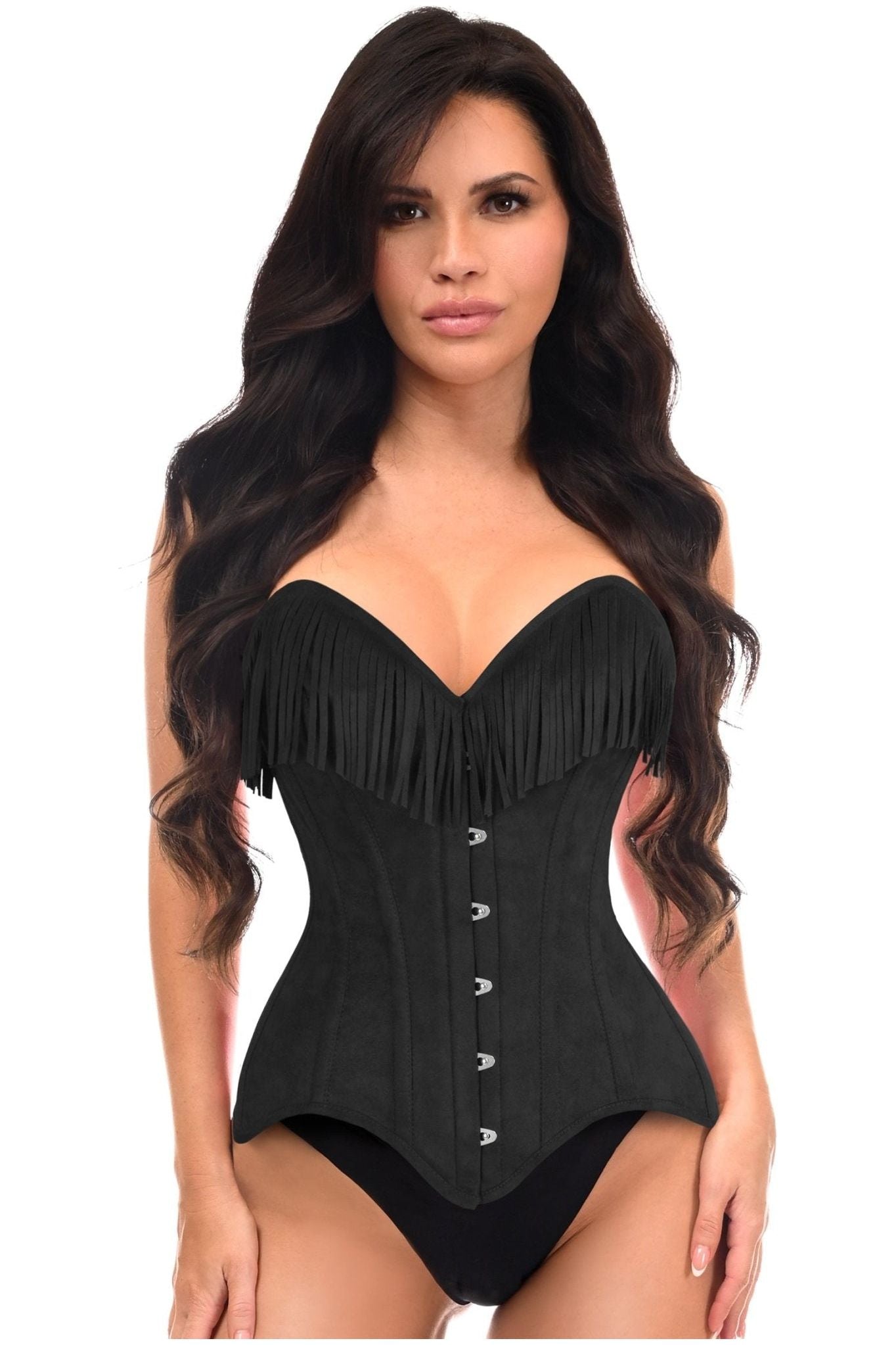 Top Drawer Black Suede Steel Boned Overbust Corset w/Fringe - Daisy Corsets