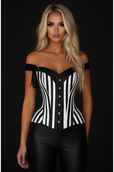 Top Drawer Black/White Striped Steel Boned Corset w/Straps - Daisy Corsets