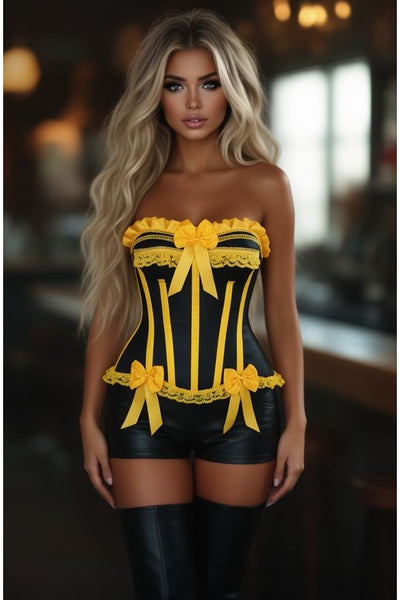 Top Drawer Black/Yellow Satin Steel Boned Burlesque Corset - Daisy Corsets