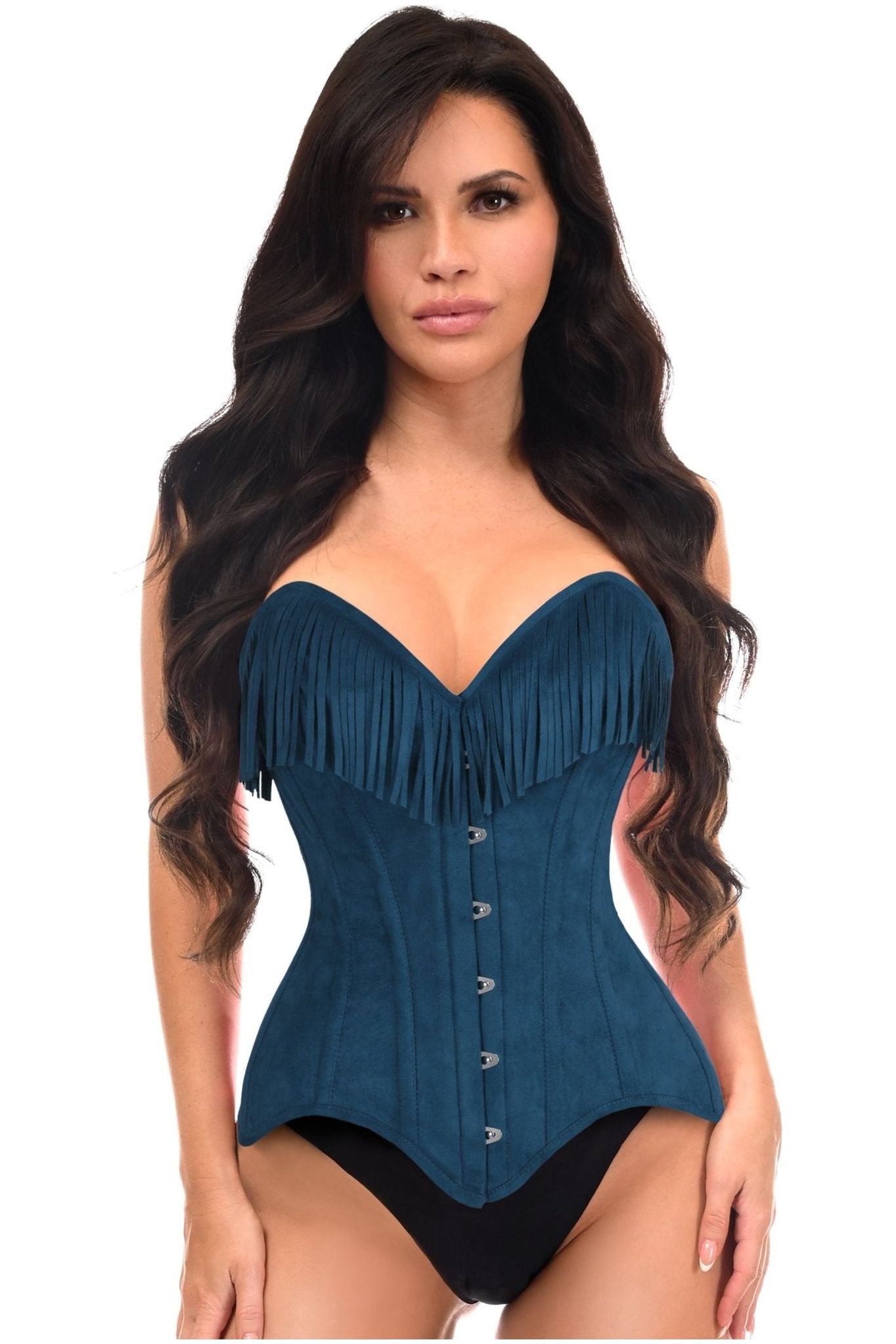 Top Drawer Blue Suede Steel Boned Overbust Corset w/Fringe - Daisy Corsets
