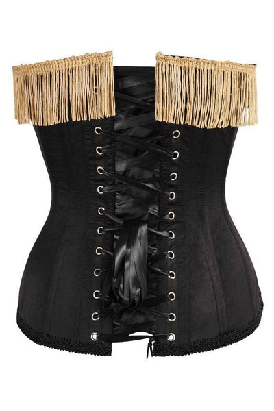 Top Drawer Burlesque Black/Dark Red Steel Boned Corset w/Gold Fringe - Daisy Corsets