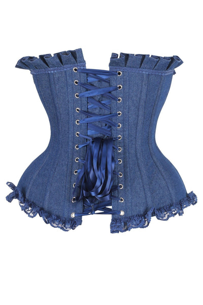 Top Drawer Dark Blue Denim Underwire Steel Boned Burlesque Corset w/Bows - Daisy Corsets