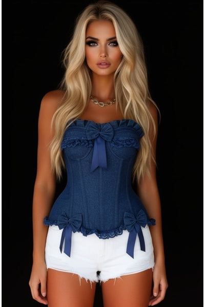 Top Drawer Dark Blue Denim Underwire Steel Boned Burlesque Corset w/Bows - Daisy Corsets