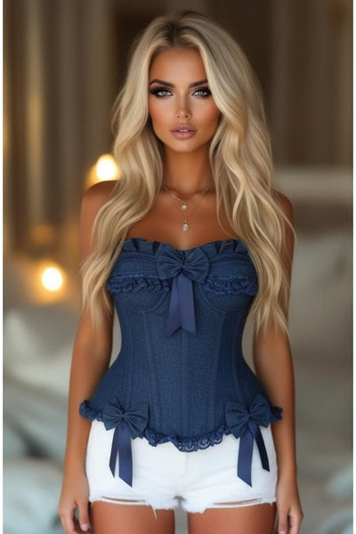 Top Drawer Dark Blue Denim Underwire Steel Boned Burlesque Corset w/Bows - Daisy Corsets