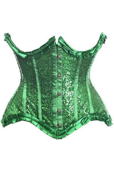 Top Drawer Green Satin & Sequin Underwire Curvy Cut Steel Boned Waist Cincher Corset - Daisy Corsets