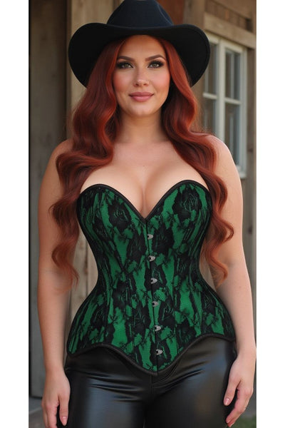 Top Drawer Green Satin w/Black Lace Overlay Steel Boned Overbust Corset - Daisy Corsets