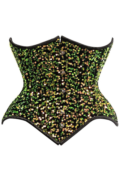Top Drawer Multi Green Sequin Curvy Cut Waist Cincher Corset - Daisy Corsets