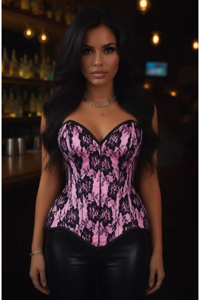 Top Drawer Pink Satin w/Black Lace Overlay Steel Boned Overbust Corset - Daisy Corsets