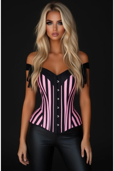 Top Drawer Pink/Black Striped Steel Boned Corset w/Straps - Daisy Corsets