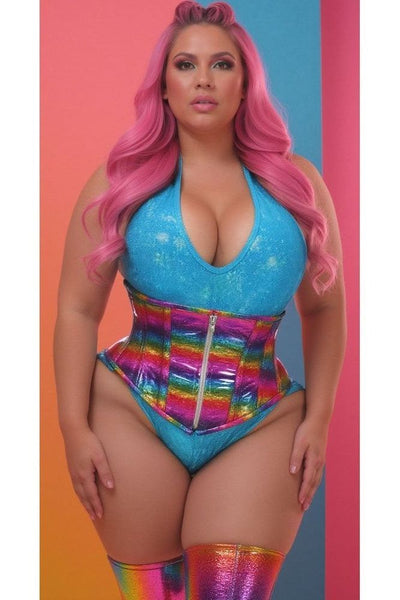 Top Drawer Rainbow Glitter Holo Steel Boned Mid Under Bust Corset - Daisy Corsets