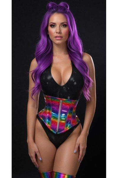 Top Drawer Rainbow Glitter Holo Steel Boned Mid Under Bust Corset - Daisy Corsets