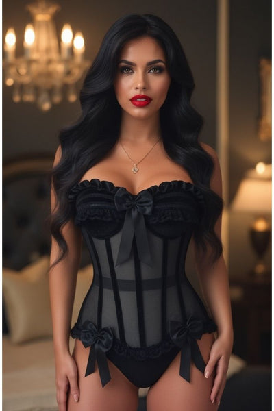 Top Drawer Steel Boned Black Mesh & Velvet Underwire Bustier Corset - Daisy Corsets