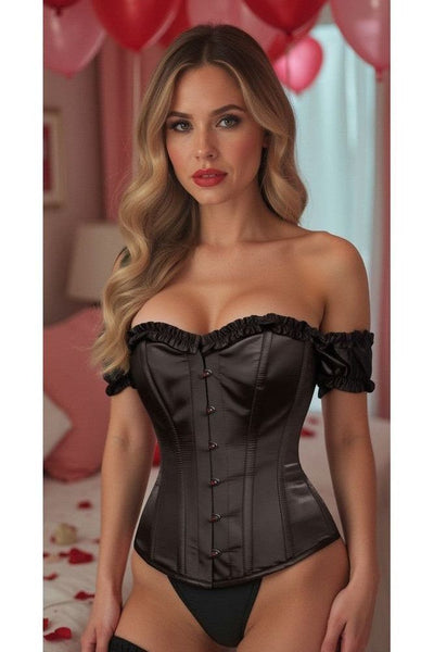 Top Drawer Steel Boned Black Satin Overbust Corset w/Sleeves - Daisy Corsets