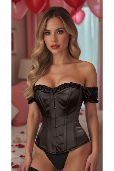 Top Drawer Steel Boned Black Satin Overbust Corset w/Sleeves - Daisy Corsets