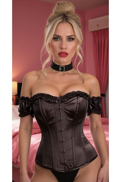 Top Drawer Steel Boned Black Satin Overbust Corset w/Sleeves - Daisy Corsets