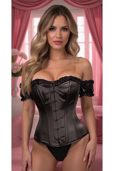 Top Drawer Steel Boned Black Satin Overbust Corset w/Sleeves - Daisy Corsets