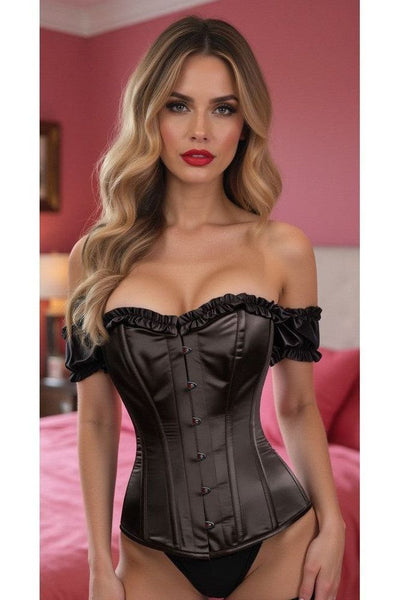 Top Drawer Steel Boned Black Satin Overbust Corset w/Sleeves - Daisy Corsets