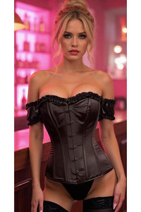 Top Drawer Steel Boned Black Satin Overbust Corset w/Sleeves - Daisy Corsets