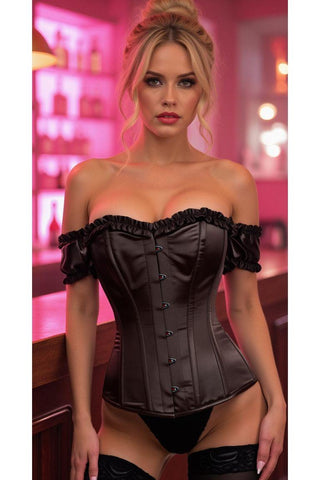 Top Drawer Steel Boned Black Satin Overbust Corset w/Sleeves - Daisy Corsets