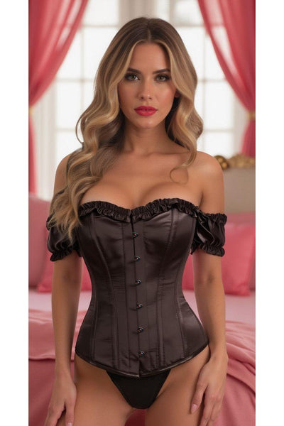 Top Drawer Steel Boned Black Satin Overbust Corset w/Sleeves - Daisy Corsets